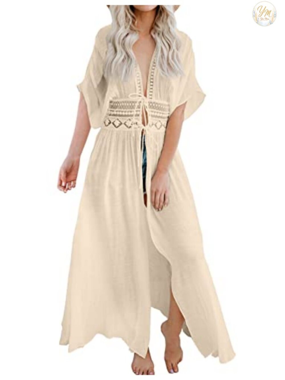 Sheer Lace Kimono Cover Up Short Sleeve Tie Front Swimwear Beach Bikini Coverup